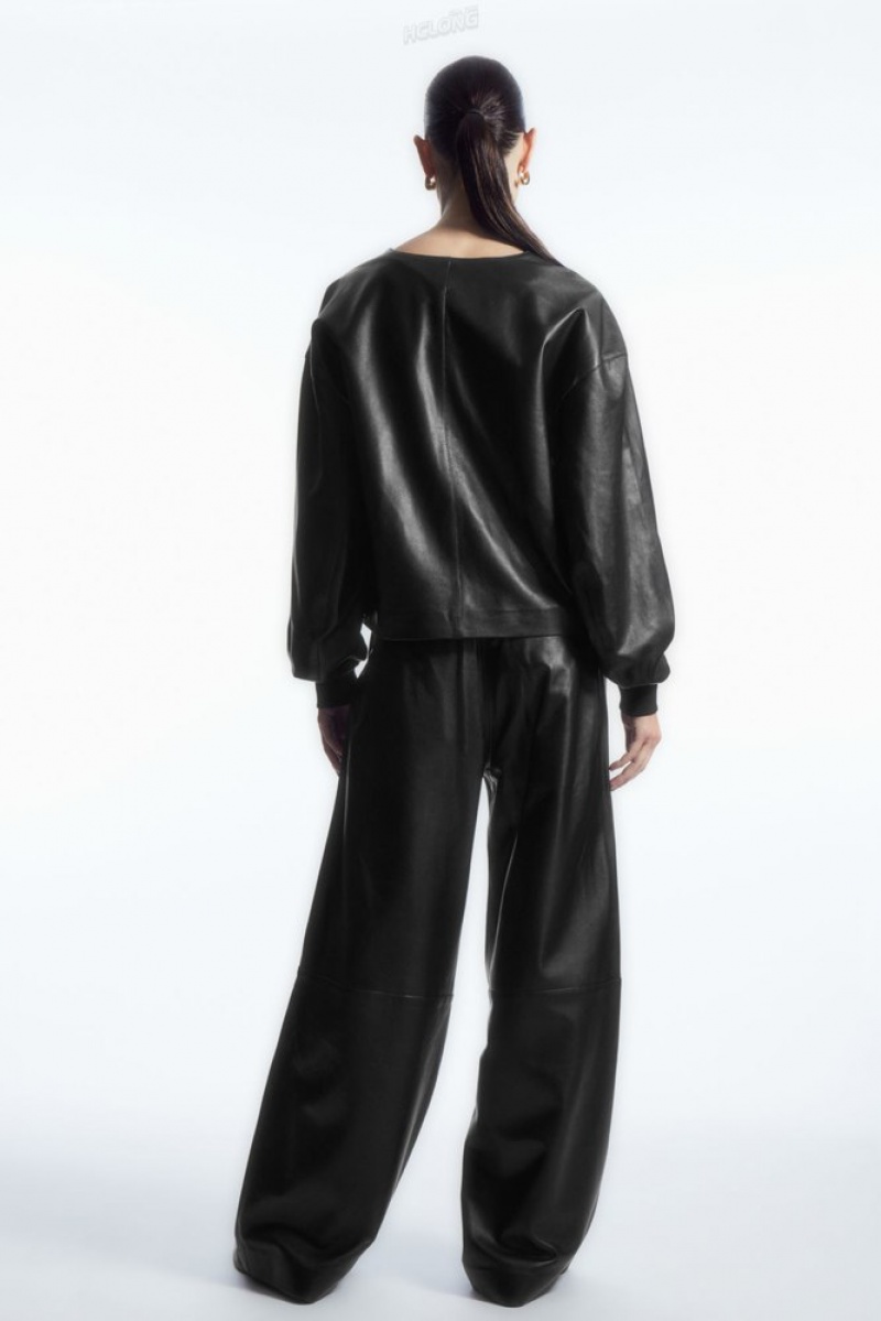 Black COS Straight-Leg Elasticated Leather Pants | RE16-S0OI