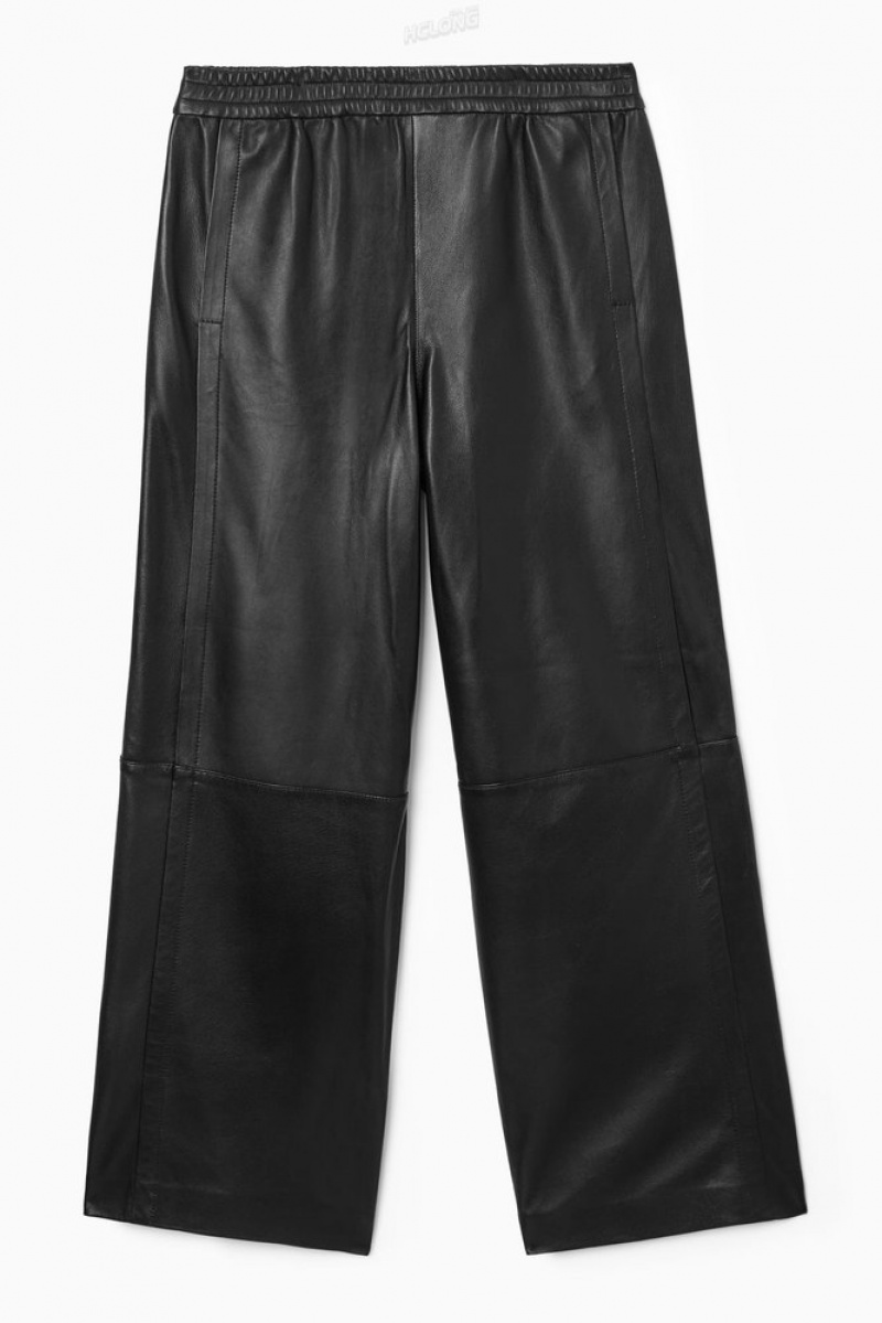 Black COS Straight-Leg Elasticated Leather Pants | RE16-S0OI