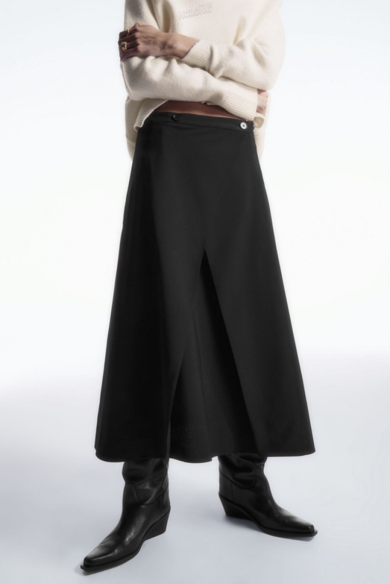 Black COS Tailored Wool Midi Wrap Skirt | TE55-O7ZO