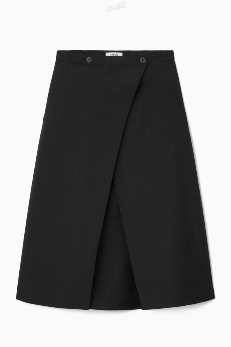 Black COS Tailored Wool Midi Wrap Skirt | TE55-O7ZO