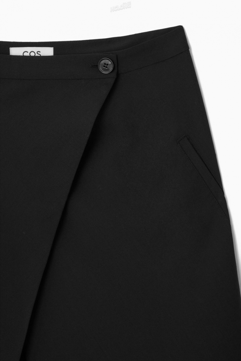 Black COS Tailored Wool Midi Wrap Skirt | TE55-O7ZO