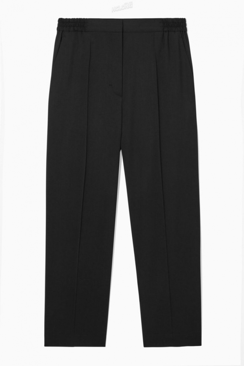 Black COS Tapered Elasticated Wool Pants | OT99-N6TC