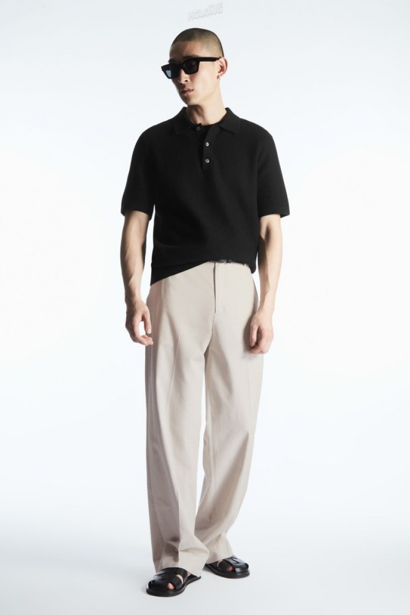 Black COS Textured Knitted Polo Shirt | QP83-F8PN