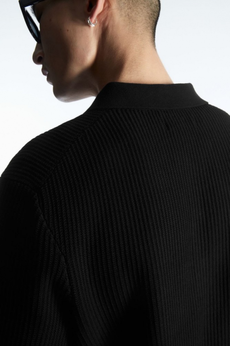 Black COS Textured Knitted Polo Shirt | QP83-F8PN