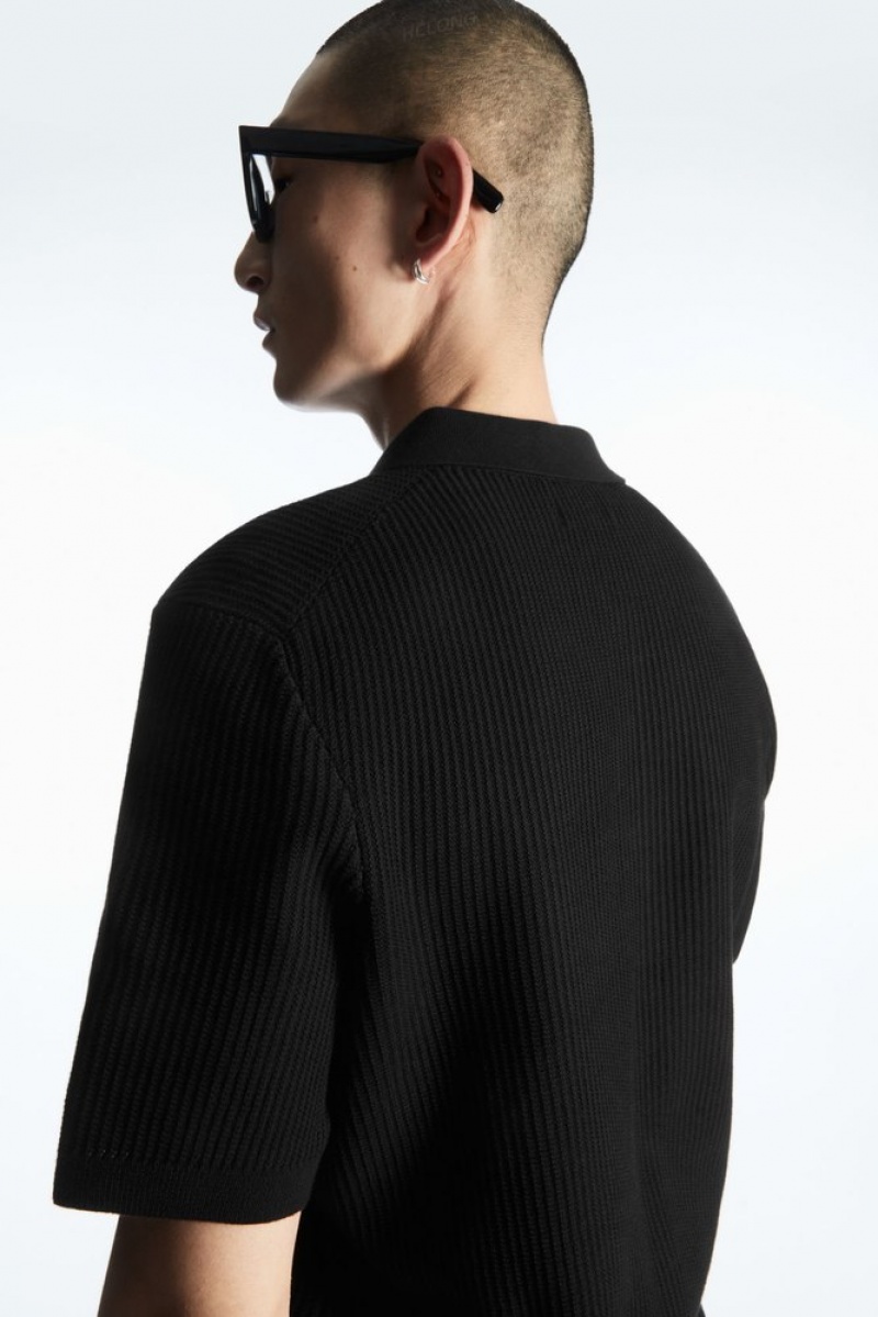 Black COS Textured Knitted Polo Shirt | QP83-F8PN