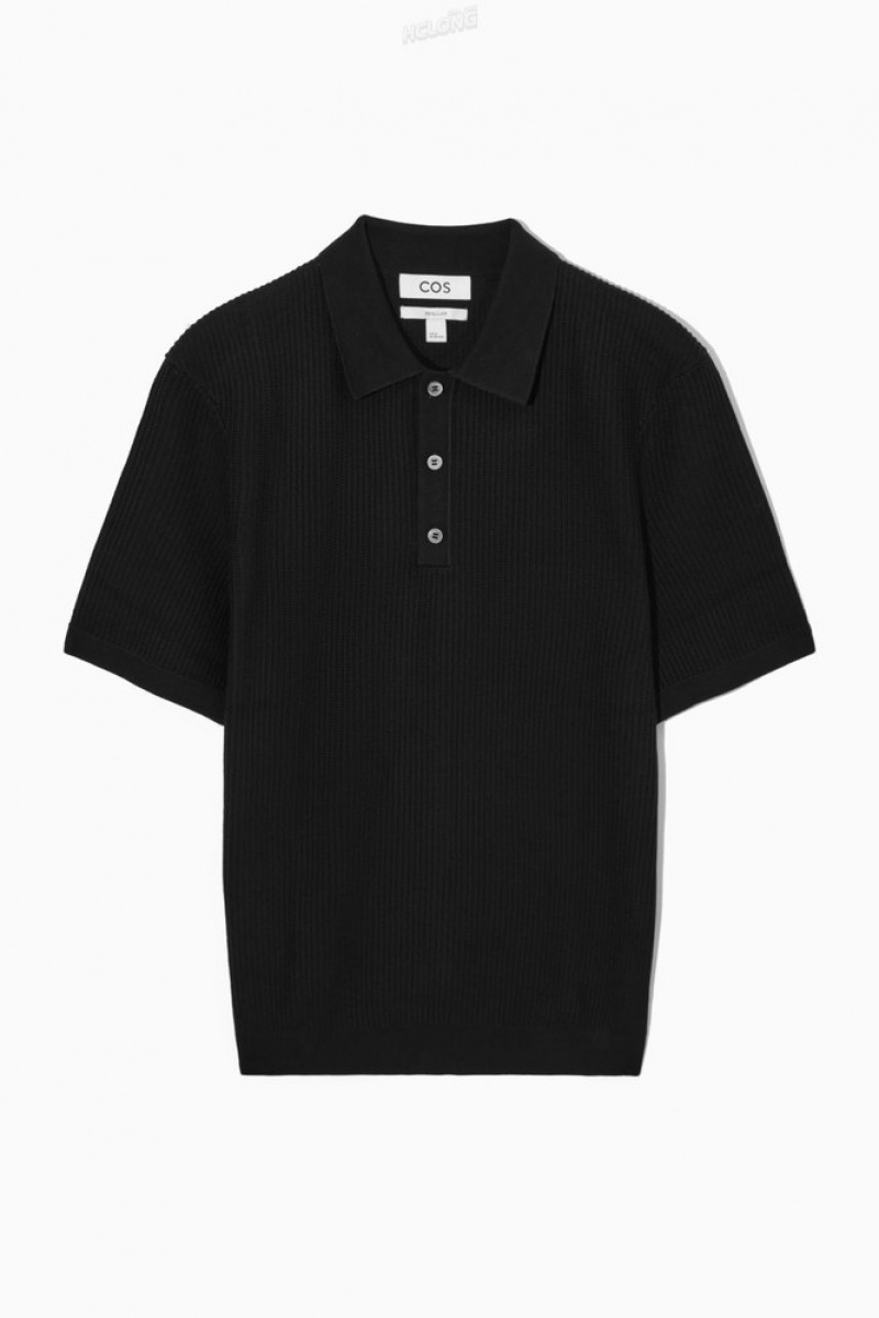 Black COS Textured Knitted Polo Shirt | QP83-F8PN