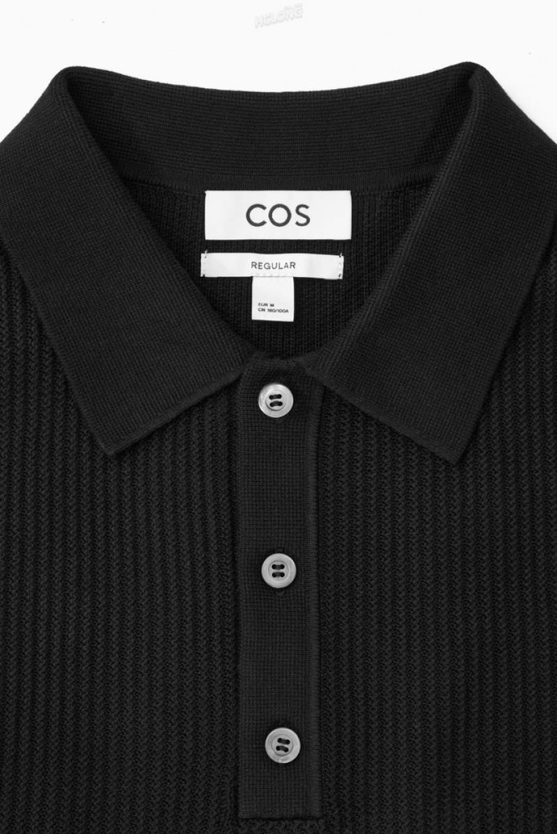 Black COS Textured Knitted Polo Shirt | QP83-F8PN