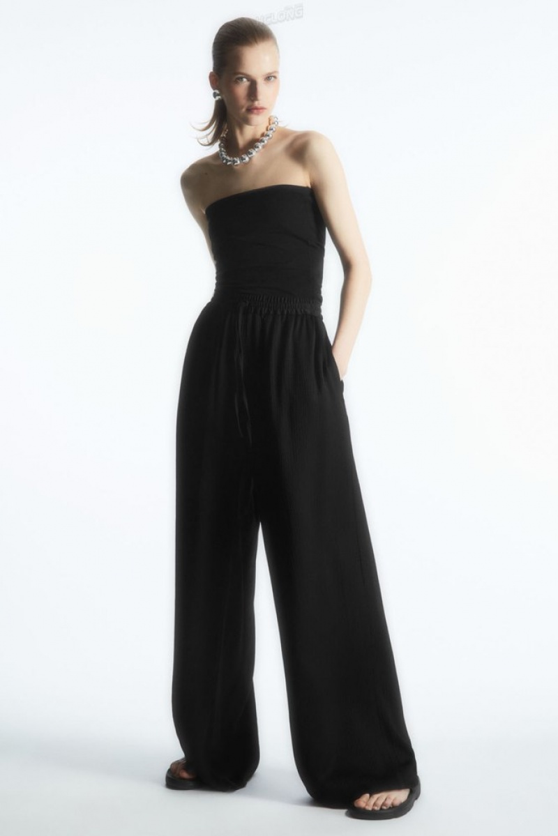 Black COS Textured Wide-Leg Drawstring Trousers | DZ02-A3EI