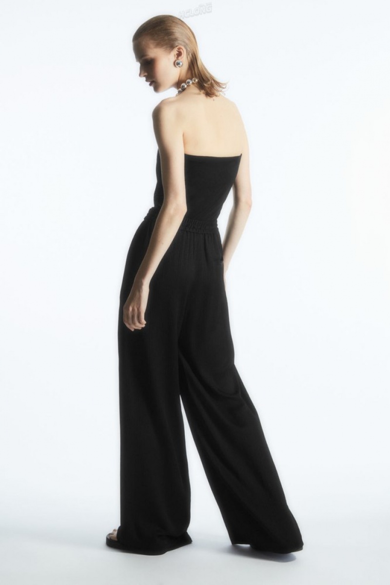 Black COS Textured Wide-Leg Drawstring Trousers | DZ02-A3EI