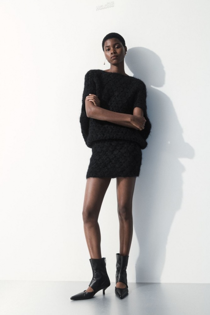 Black COS The Crochet-Knit Mini Skirt | HK75-M9RE