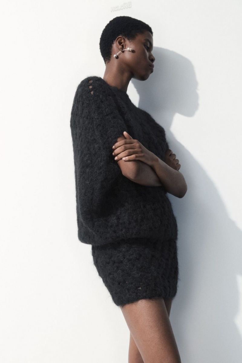 Black COS The Crochet-Knit Mini Skirt | HK75-M9RE