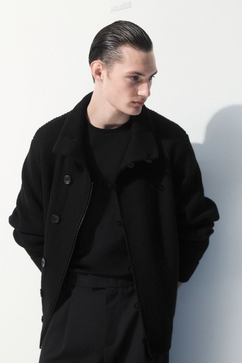 Black COS The Funnel-Neck Knitted Wool Jacket | NW08-D2ON