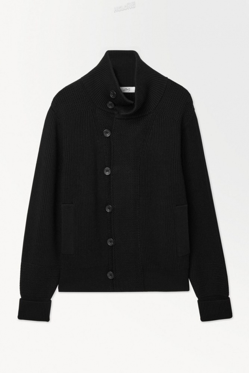 Black COS The Funnel-Neck Knitted Wool Jacket | NW08-D2ON