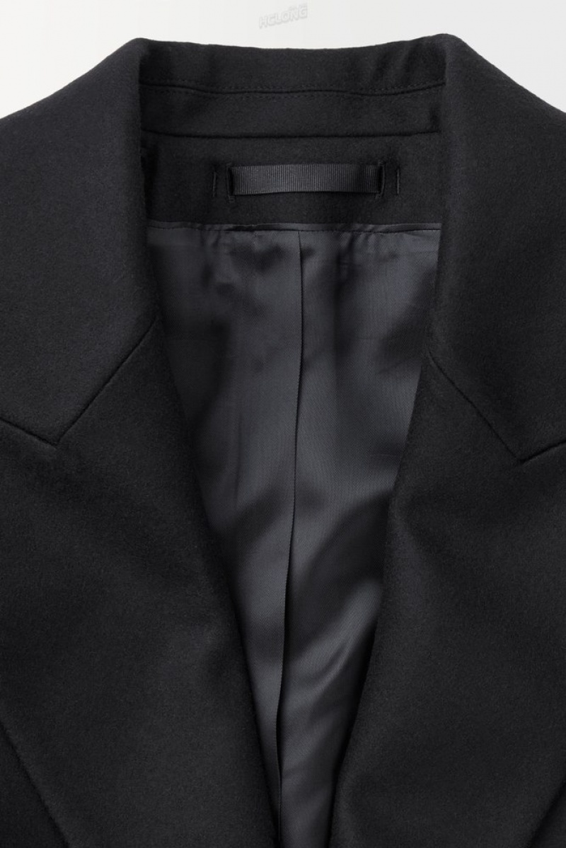 Black COS The Leather-Tasseled Wool Coat | HK67-X3NO