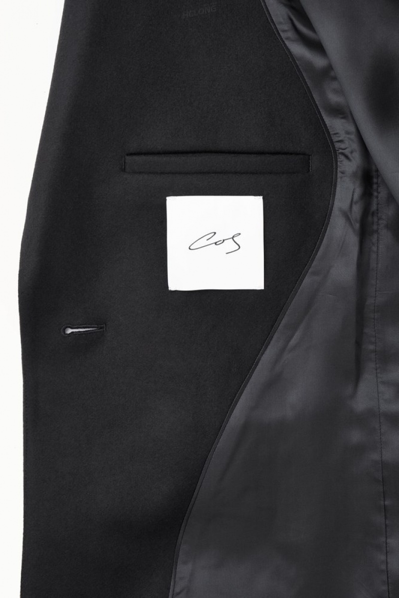 Black COS The Leather-Tasseled Wool Coat | HK67-X3NO