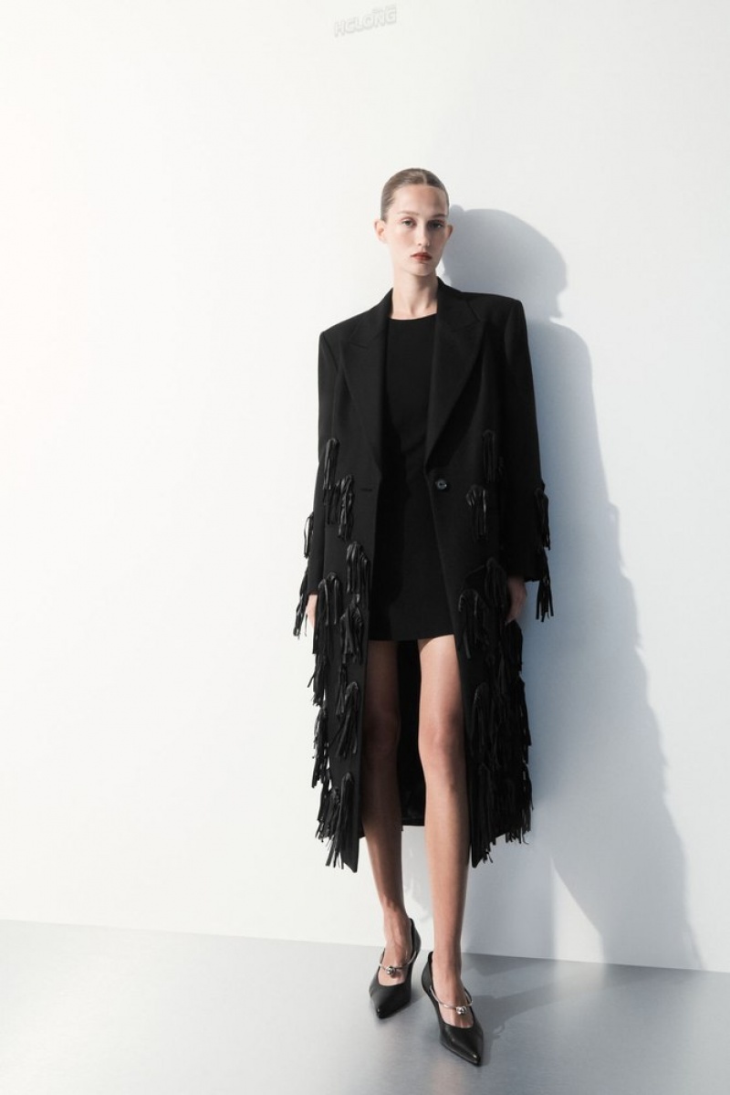 Black COS The Leather-Tasselled Wool Coat | LY53-H7MF