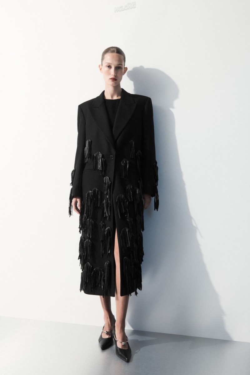 Black COS The Leather-Tasselled Wool Coat | LY53-H7MF