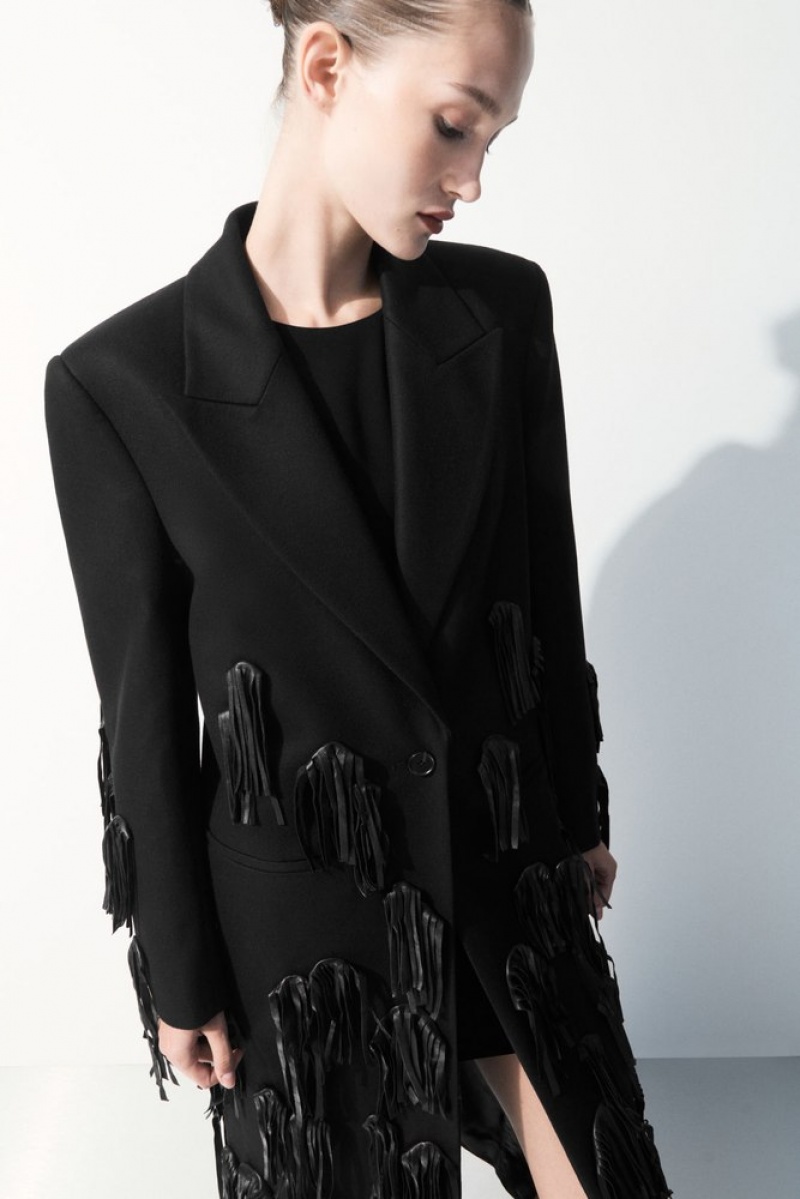 Black COS The Leather-Tasselled Wool Coat | LY53-H7MF