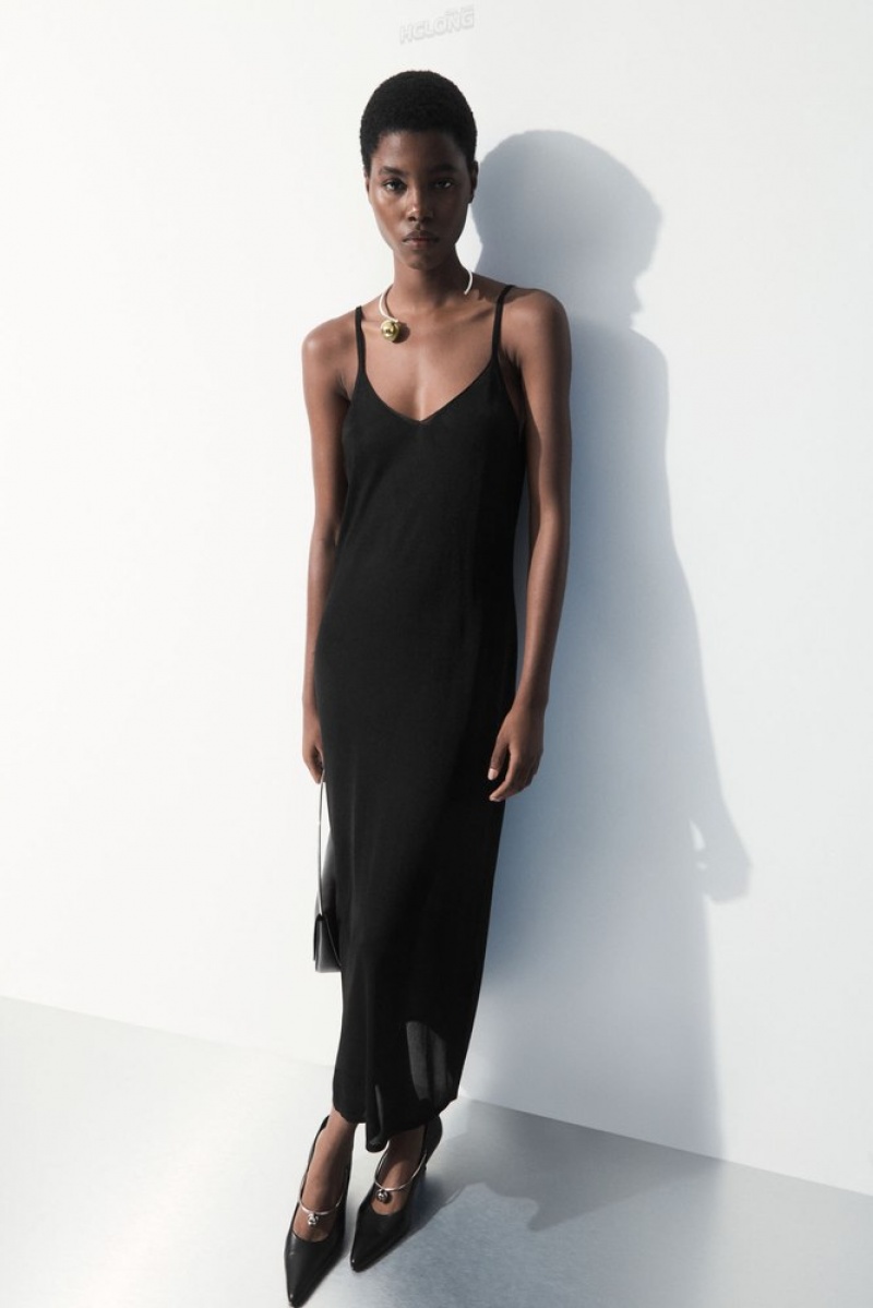 Black COS The Sheer Knitted Slip Dress | FZ57-Q1ND