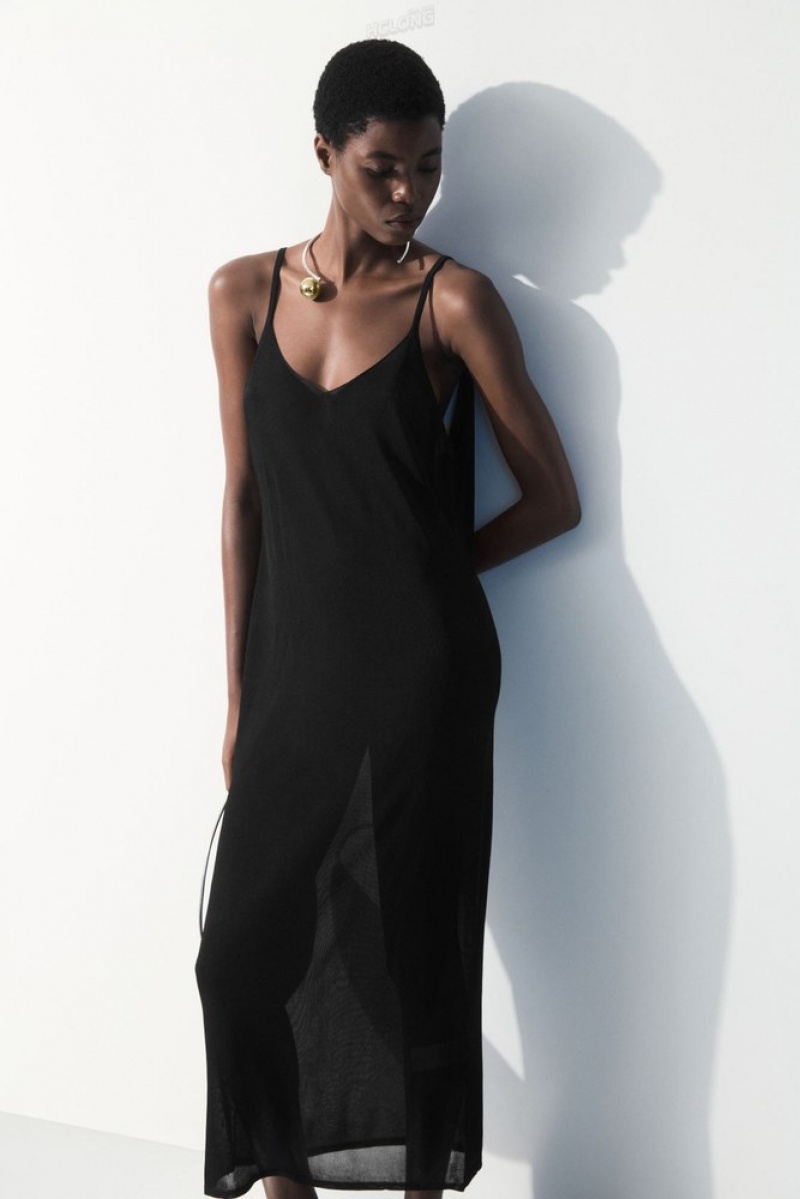 Black COS The Sheer Knitted Slip Dress | FZ57-Q1ND