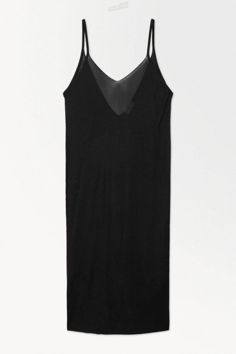 Black COS The Sheer Knitted Slip Dress | FZ57-Q1ND