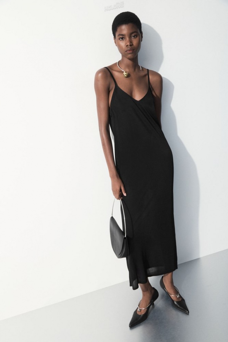 Black COS The Sheer Knitted Slip Dress | FZ57-Q1ND