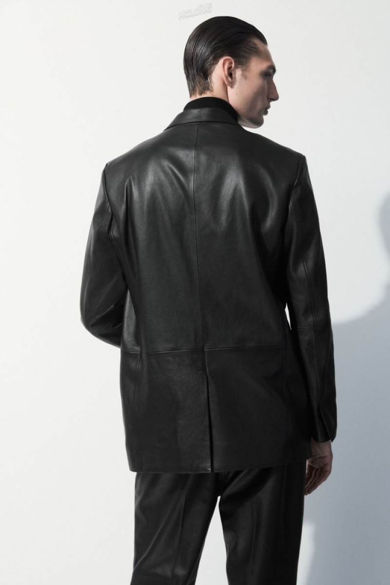 Black COS The Single-Breasted Leather Blazer | RS57-O5UZ