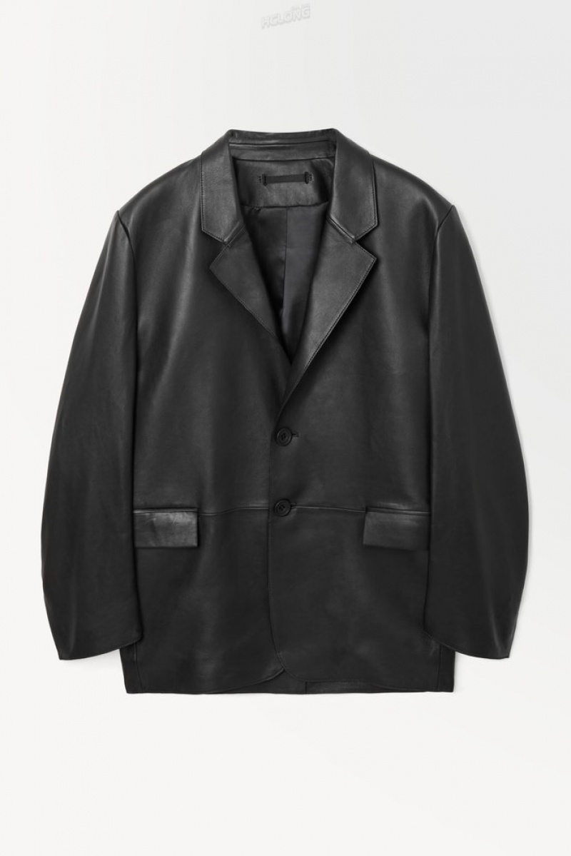 Black COS The Single-Breasted Leather Blazer | RS57-O5UZ