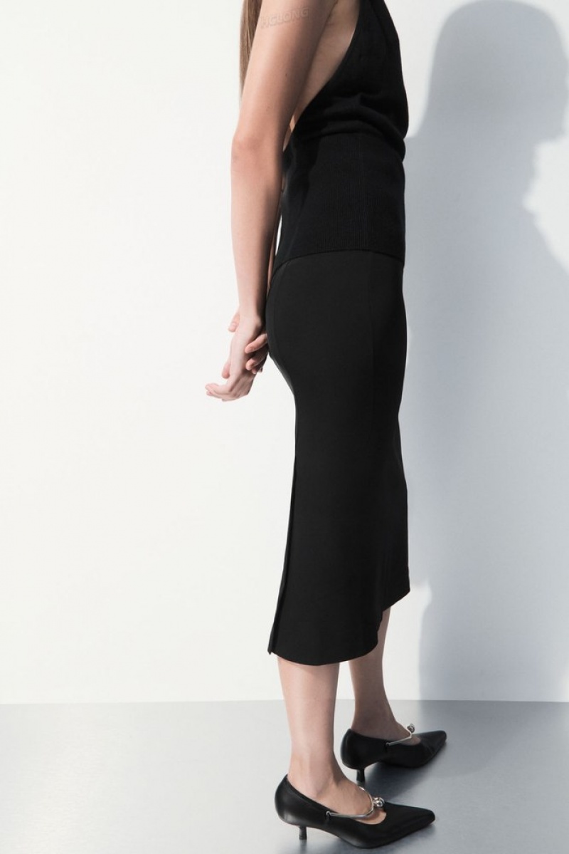 Black COS The Tailored Silk-Blend Midi Skirt | OG29-Y2HH