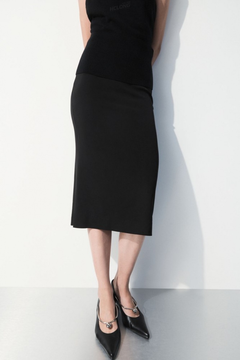 Black COS The Tailored Silk-Blend Midi Skirt | OG29-Y2HH