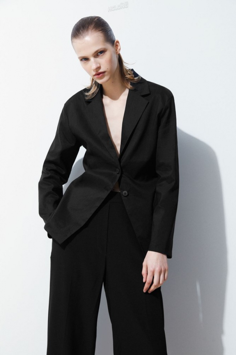 Black COS The Waisted Linen Blazer | EY44-M5PF