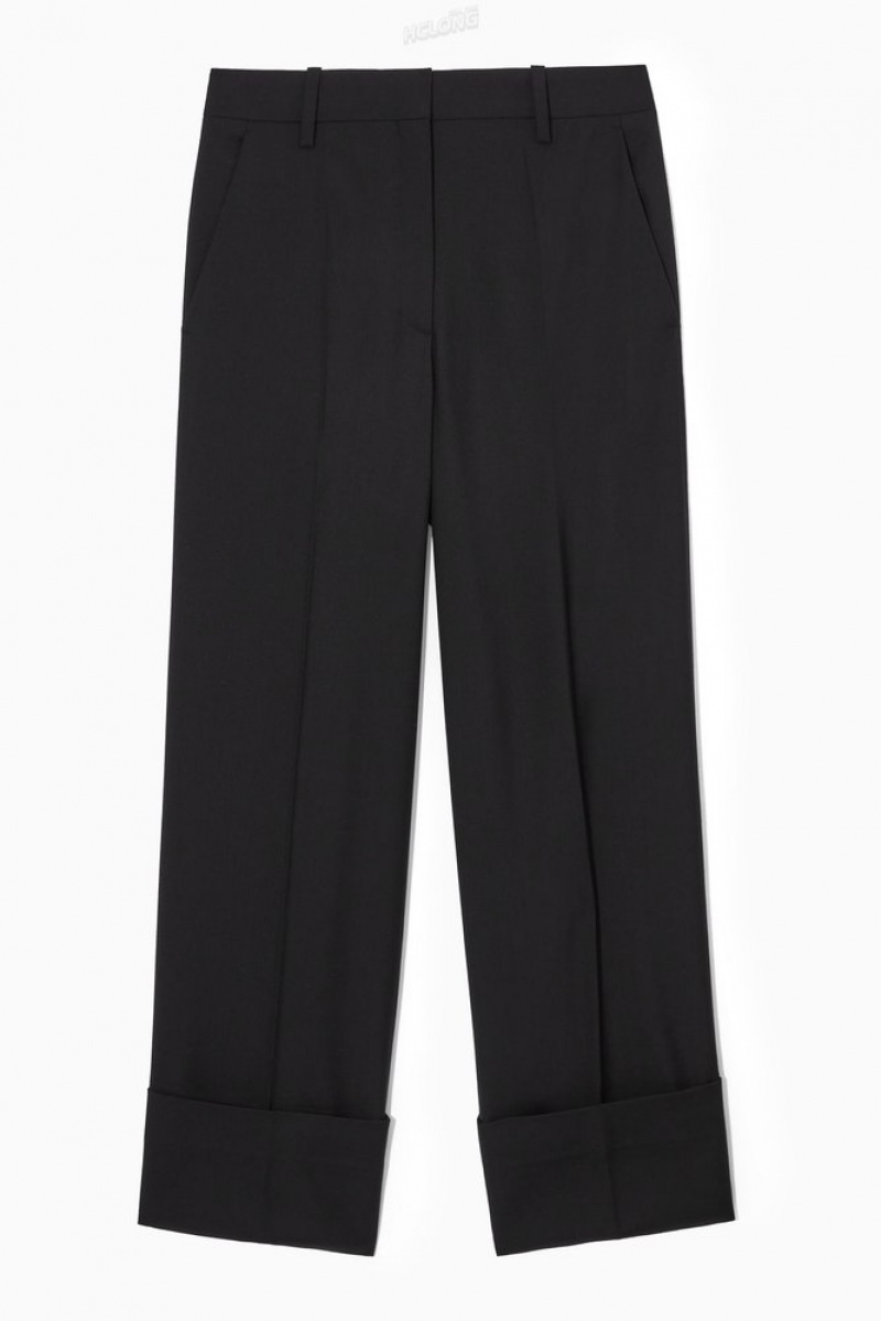 Black COS Turn-Up Wide-Leg Wool Chinos | IU28-S0WK