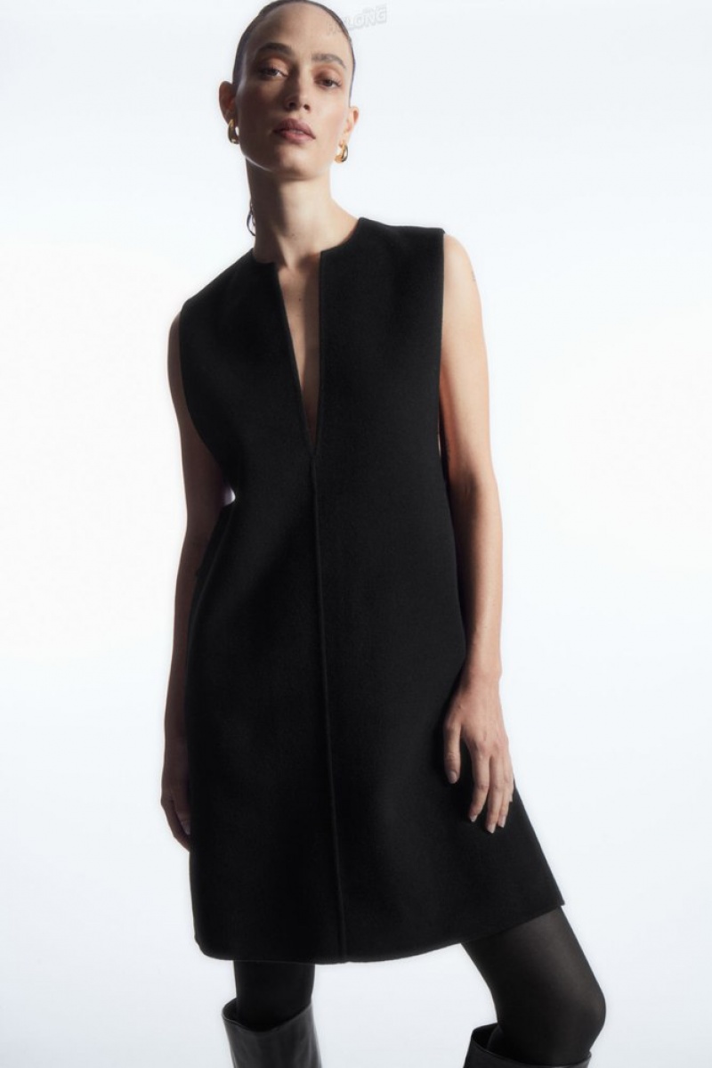 Black COS V-Neck Double-Faced Wool Dress | EP98-X7XA