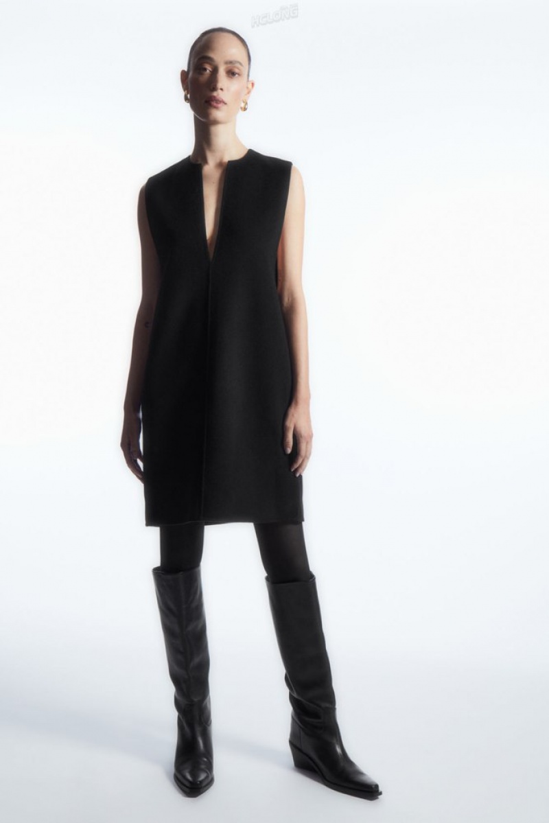 Black COS V-Neck Double-Faced Wool Dress | EP98-X7XA