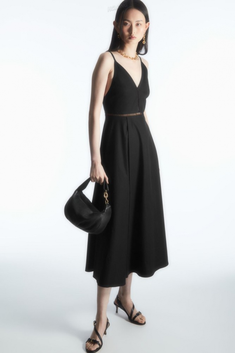 Black COS V-Neck Midi Slip Dress | KI97-P6GI