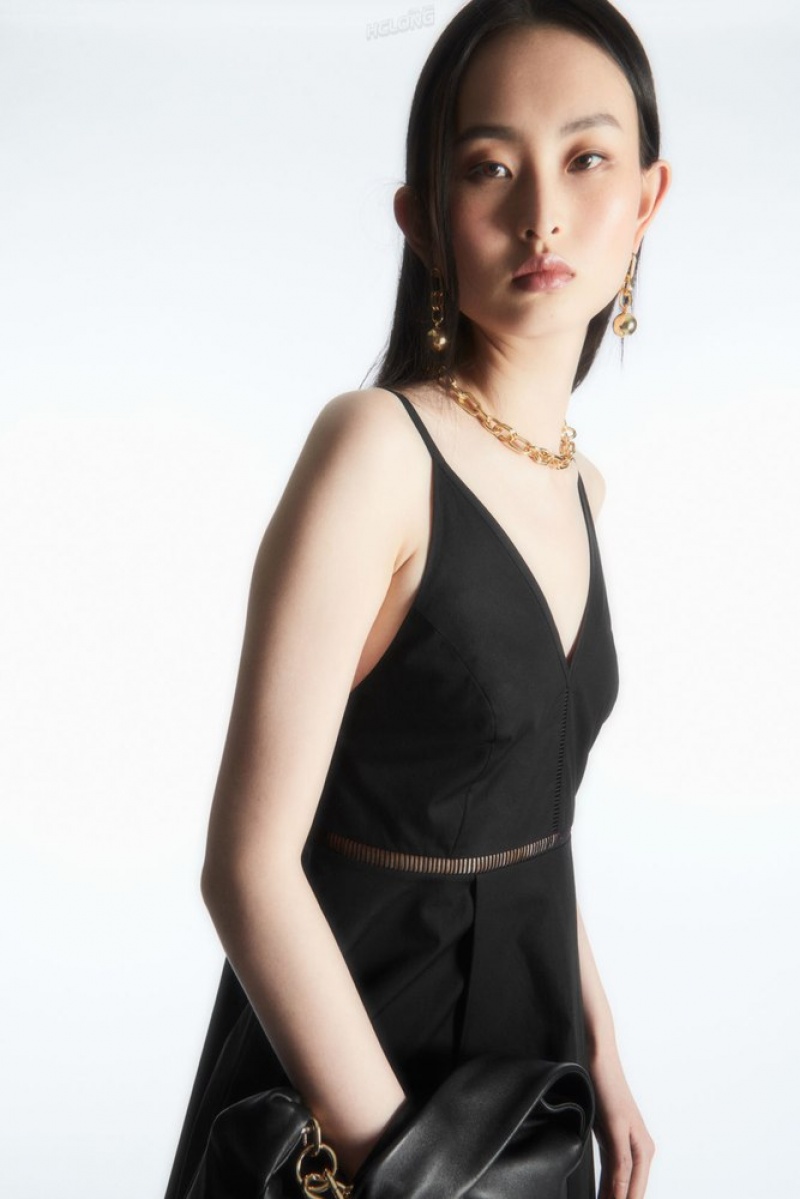 Black COS V-Neck Midi Slip Dress | KI97-P6GI