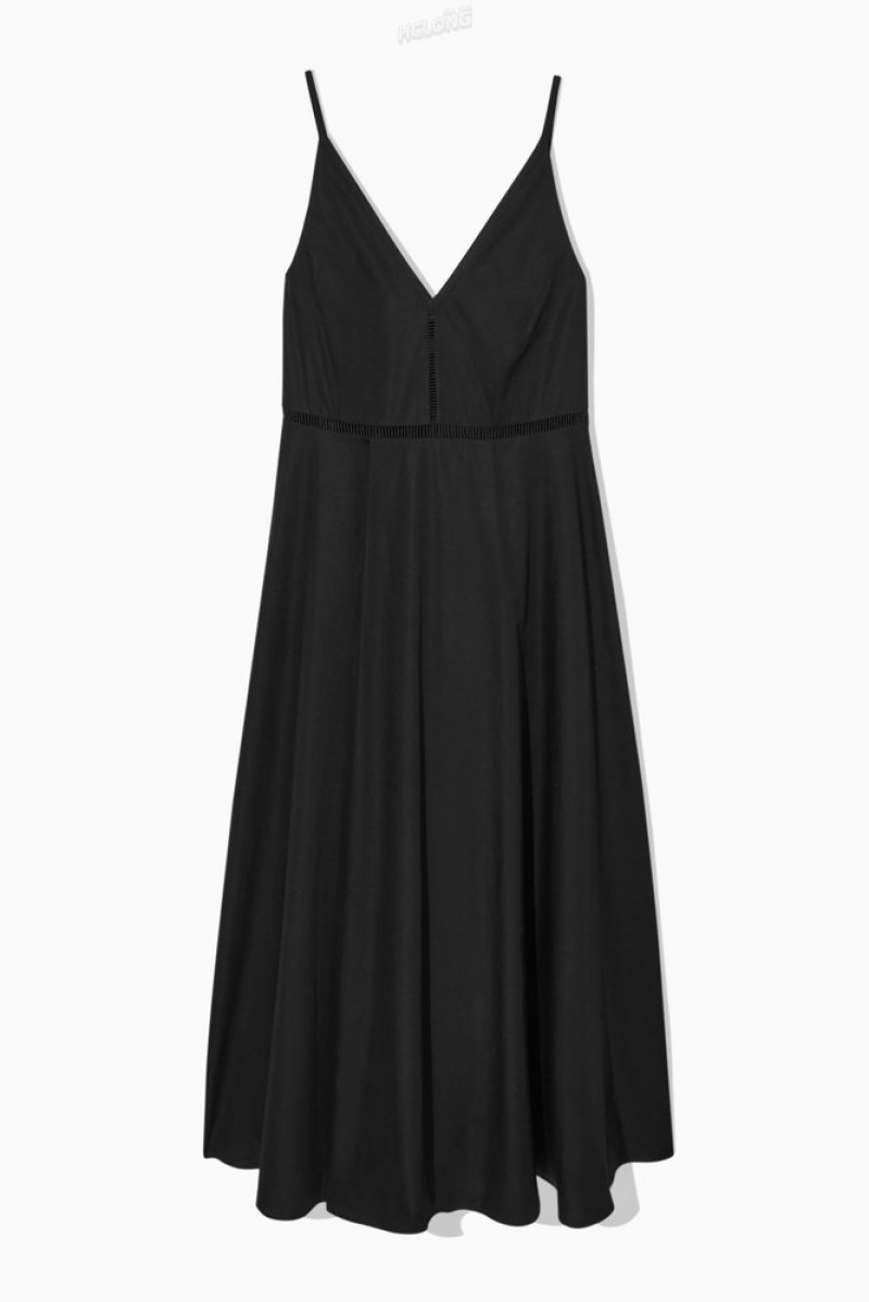 Black COS V-Neck Midi Slip Dress | KI97-P6GI