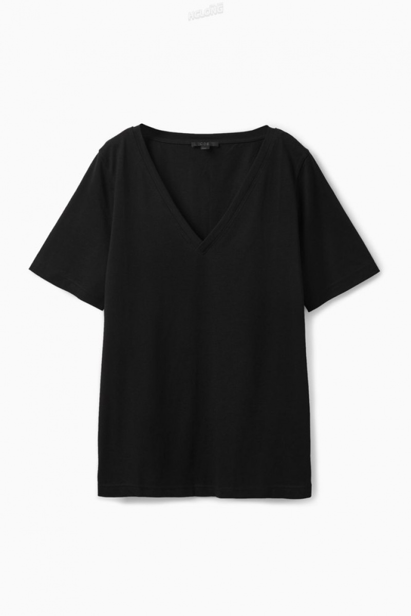 Black COS V-Neck T-Shirt | UT59-B6BJ