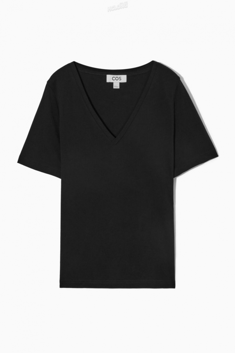 Black COS V-Neck T-Shirt | UT59-B6BJ