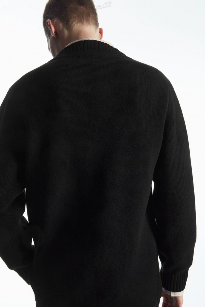 Black COS V-Neck Wool-Blend Cardigan | ZU75-J6NB