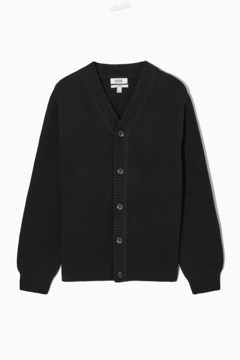 Black COS V-Neck Wool-Blend Cardigan | ZU75-J6NB