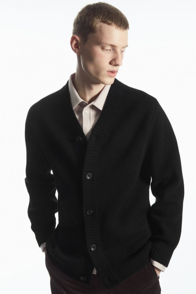 Black COS V-Neck Wool-Blend Cardigan | ZU75-J6NB