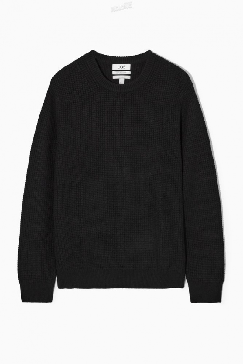 Black COS Waffle-Knit Pure Cashmere Jumper | VJ55-A6JB