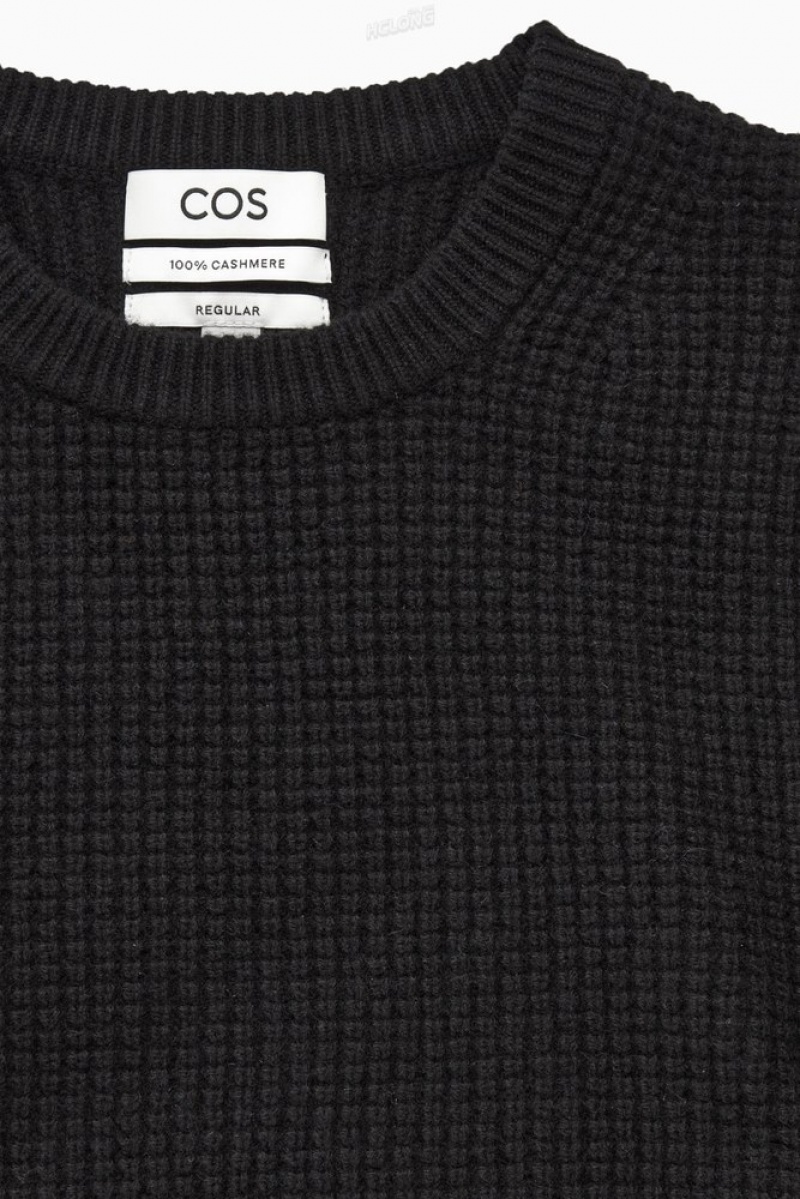 Black COS Waffle-Knit Pure Cashmere Jumper | VJ55-A6JB