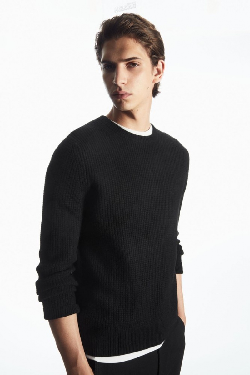 Black COS Waffle-Knit Pure Cashmere Jumper | VJ55-A6JB