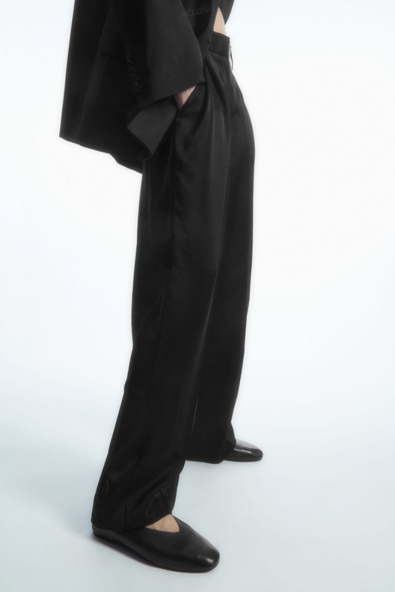 Black COS Wide-Leg Pleated Satin Trousers | JB37-Z9TD