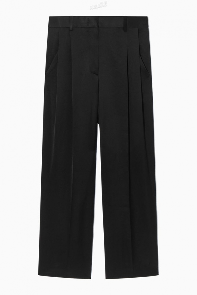 Black COS Wide-Leg Pleated Satin Trousers | JB37-Z9TD