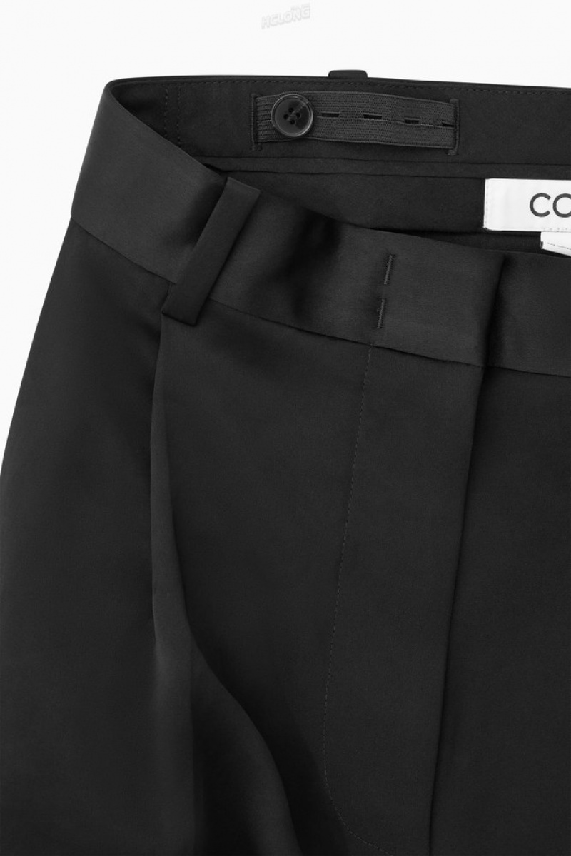 Black COS Wide-Leg Pleated Satin Trousers | JB37-Z9TD