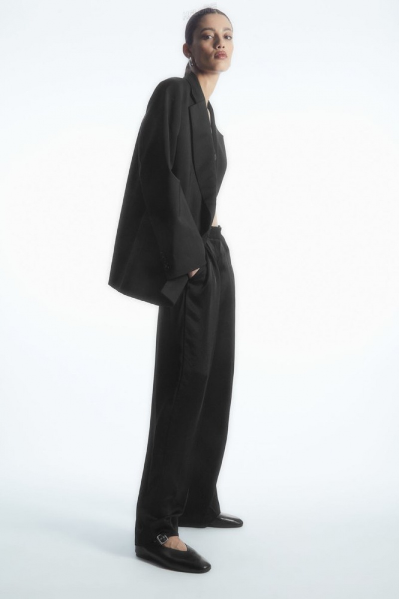 Black COS Wide-Leg Pleated Satin Trousers | JB37-Z9TD