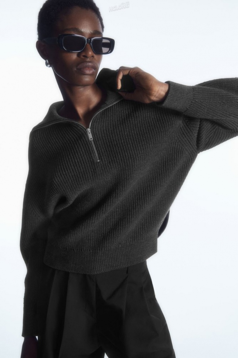 Black COS Wool And Cotton Half-Zip Sweater | KJ27-Y0BI